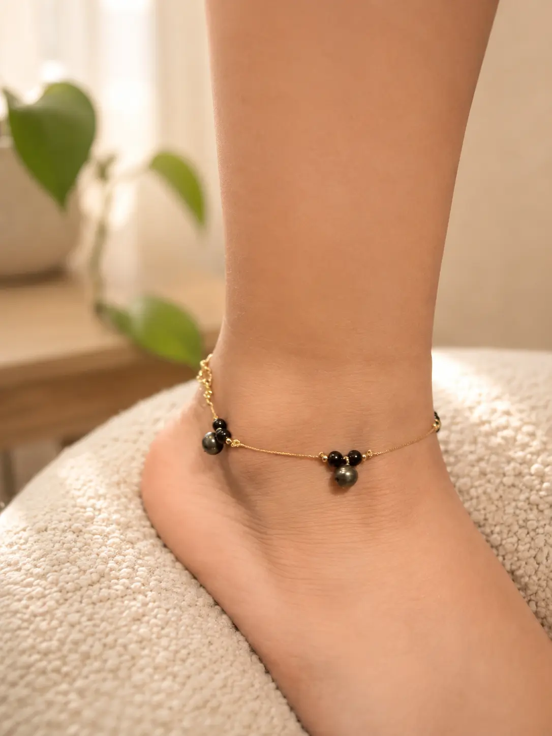 Gold Chain Black Bead Cluster Anklet