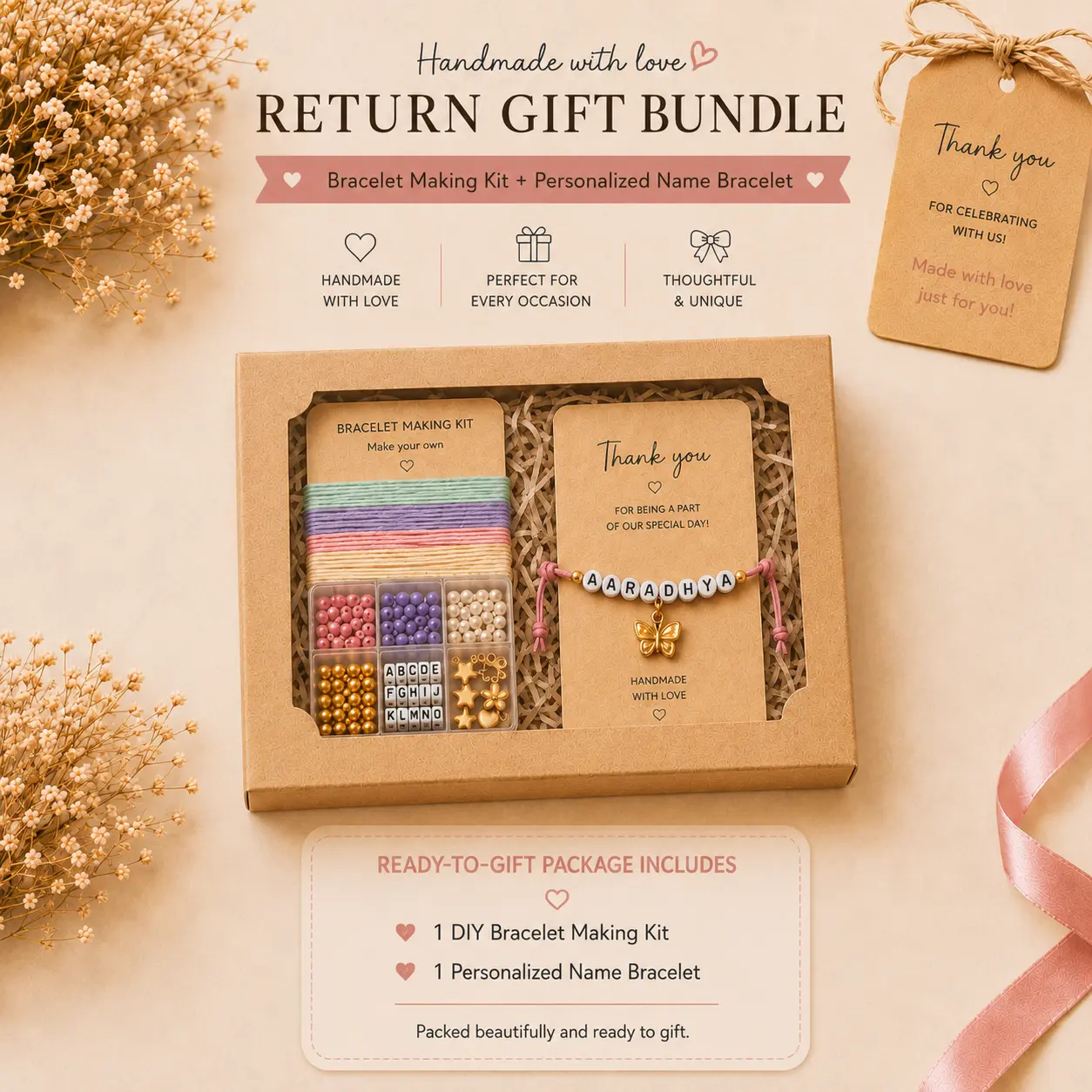 Return gift bundle box with bracelet making kit and personalised name bracelet