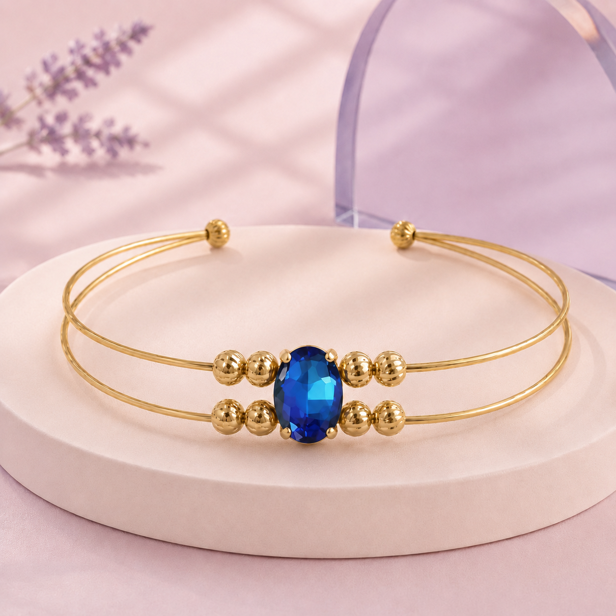 Rhinestone Double-Wire Open Cuff – Sapphire Blue