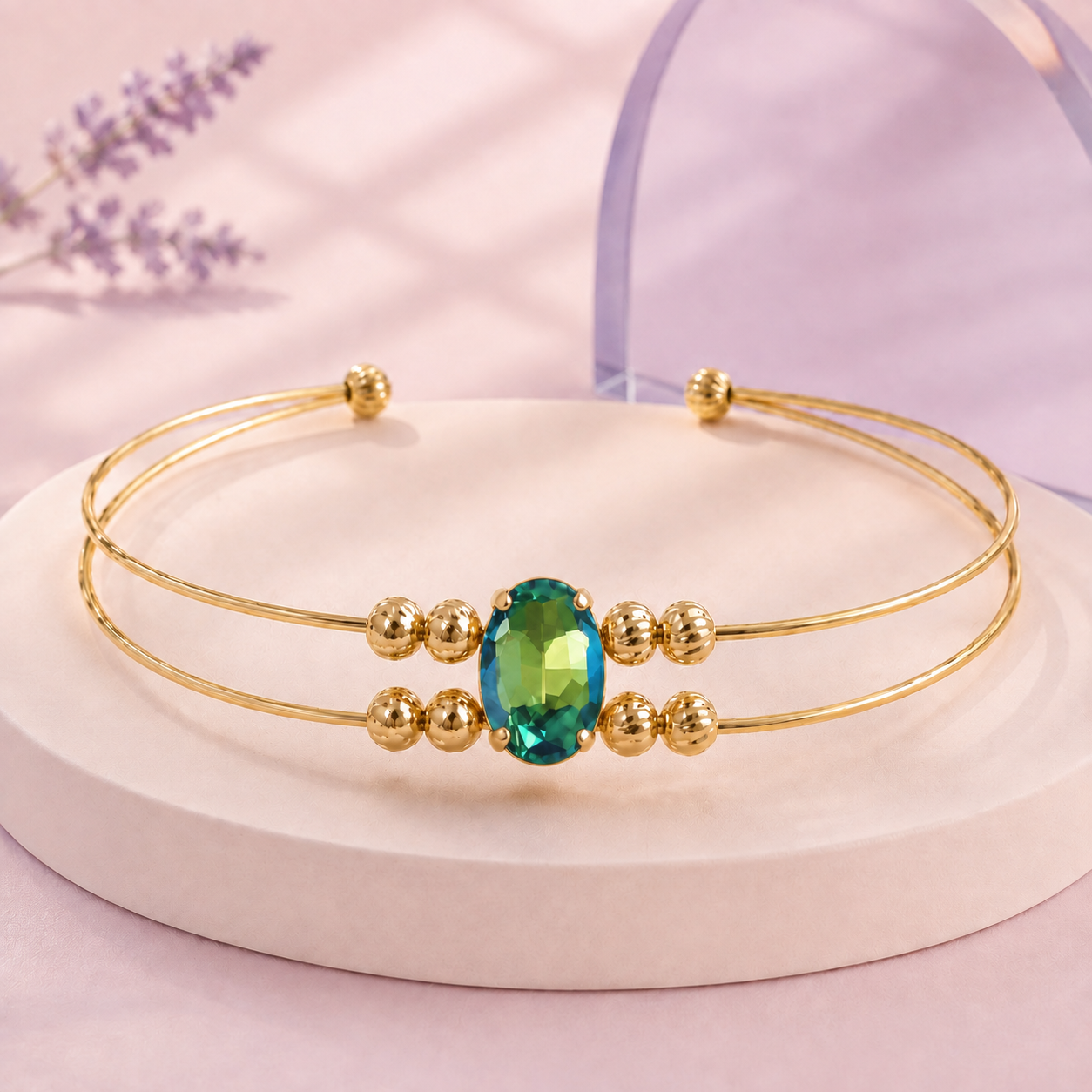 Rhinestone Double-Wire Open Cuff – Emerald Glow