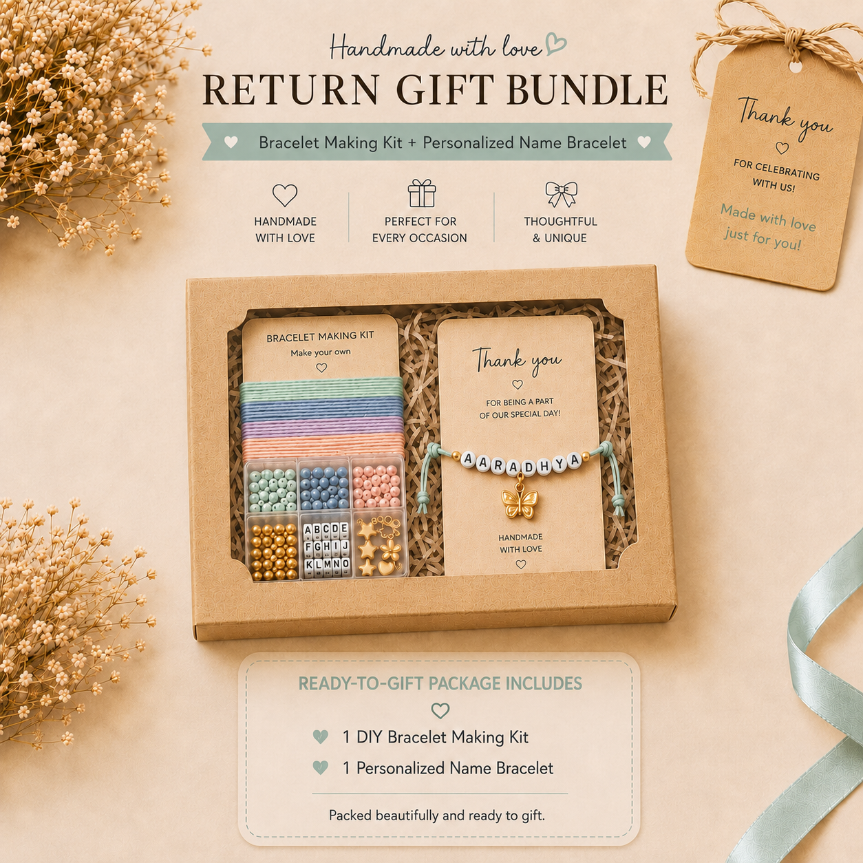 Return gift bundle box with bracelet making kit and personalised name bracelet
